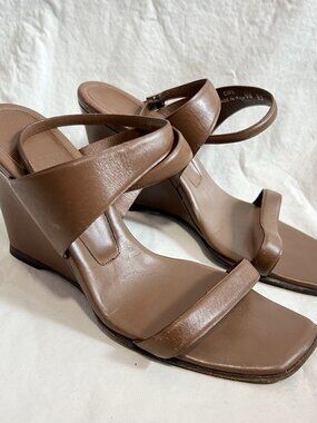 Bally high heel sandals brown leather wrap around ankle strap wedge size 6 36.5